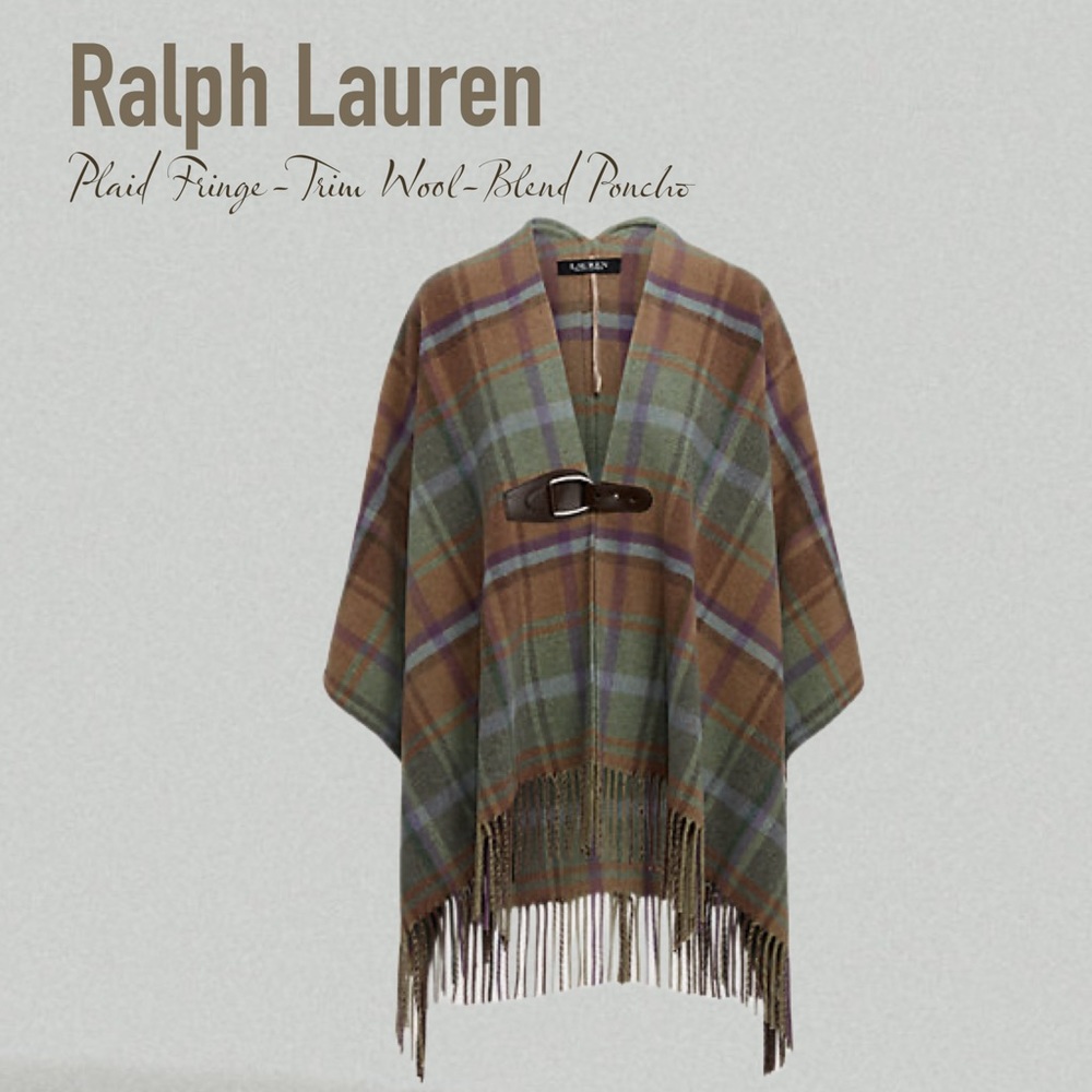 Ralph Lauren Plaid Fringe-Trim Wool-Blend Poncho
